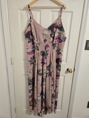 City Chic Dusty Pink Floral Maxi Strappy Dress with Smocked Waist Size XL